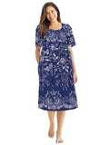 Evening Blue Vines Mixed Print Short Lounge Pocket Dress - Plus Size