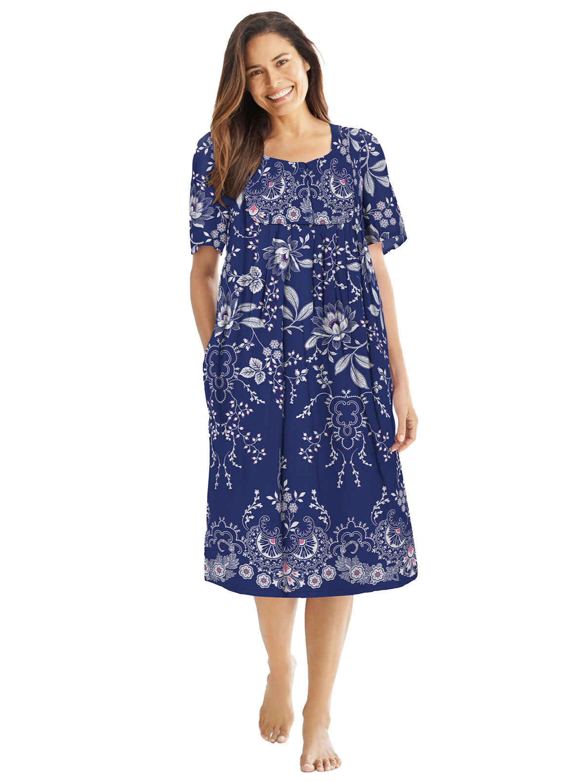 Evening Blue Vines Mixed Print Short Lounge Pocket Dress - Plus Size