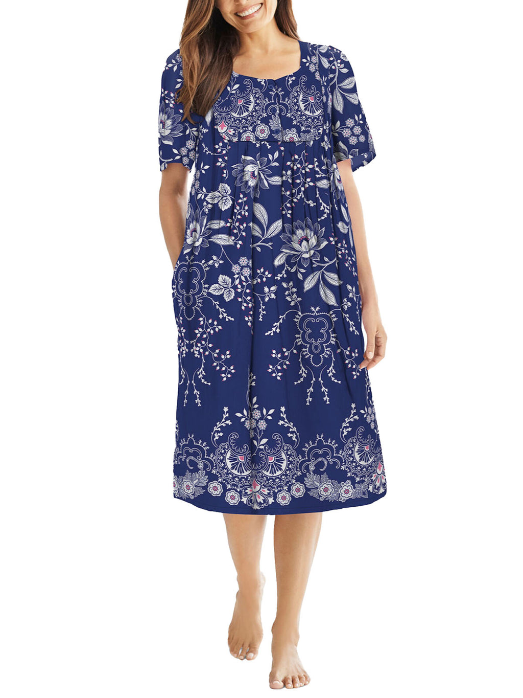 Evening Blue Vines Mixed Print Short Lounge Pocket Dress - Plus Size