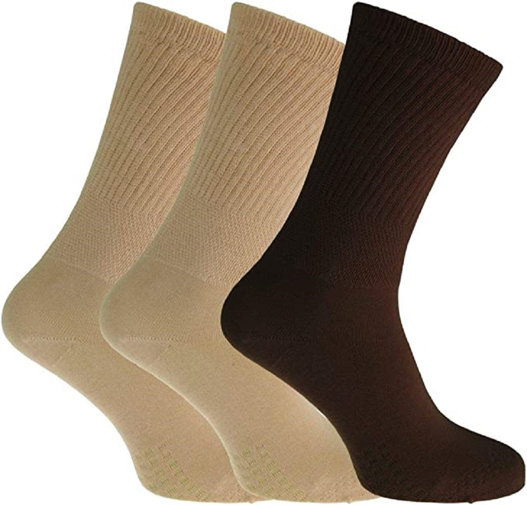 Ladies Diabetic Socks 4-8 Non-Binding Extra Wide Easy Stretch Cotton Rich Non-Slip Sole 3 Pairs