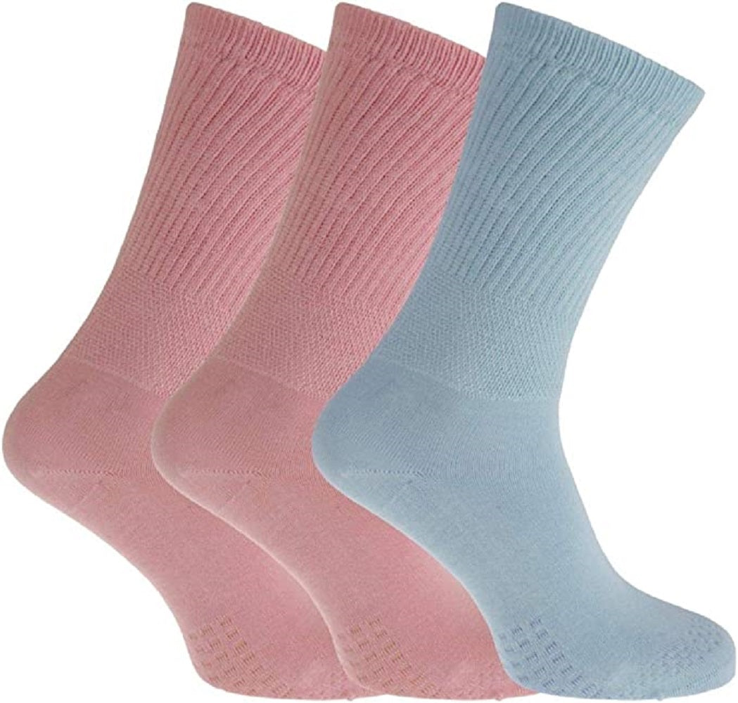 Ladies Diabetic Socks 4-8 Non-Binding Extra Wide Easy Stretch Cotton Rich Non-Slip Sole 3 Pairs