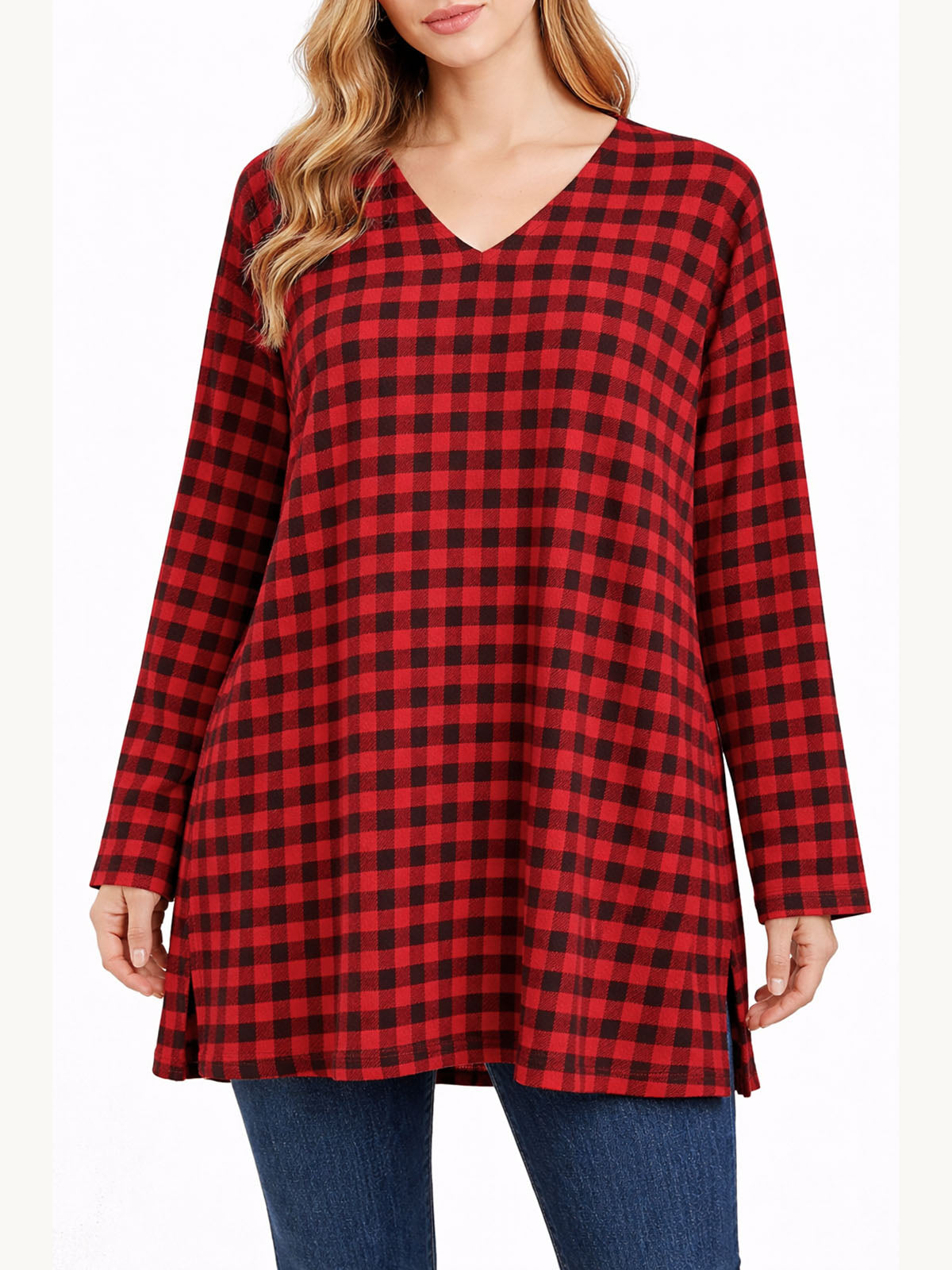Red Supima Cotton Check Print Long Sleeve Tunic