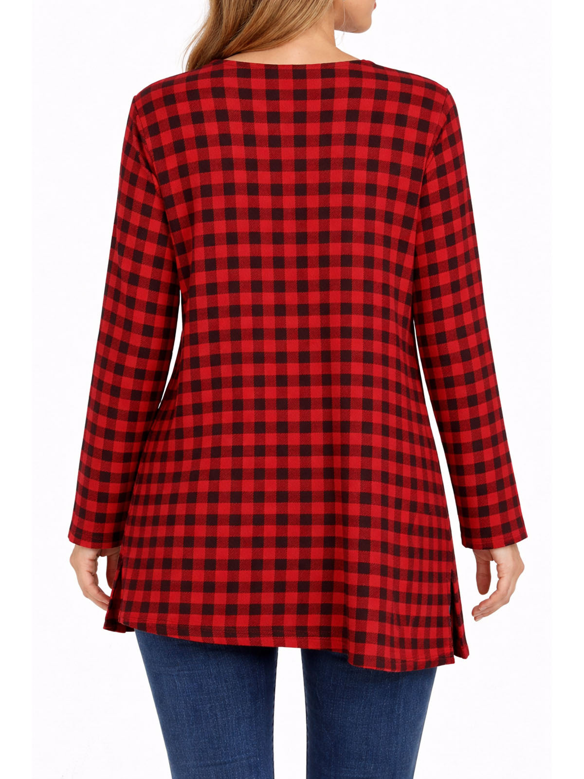 Red Supima Cotton Check Print Long Sleeve Tunic