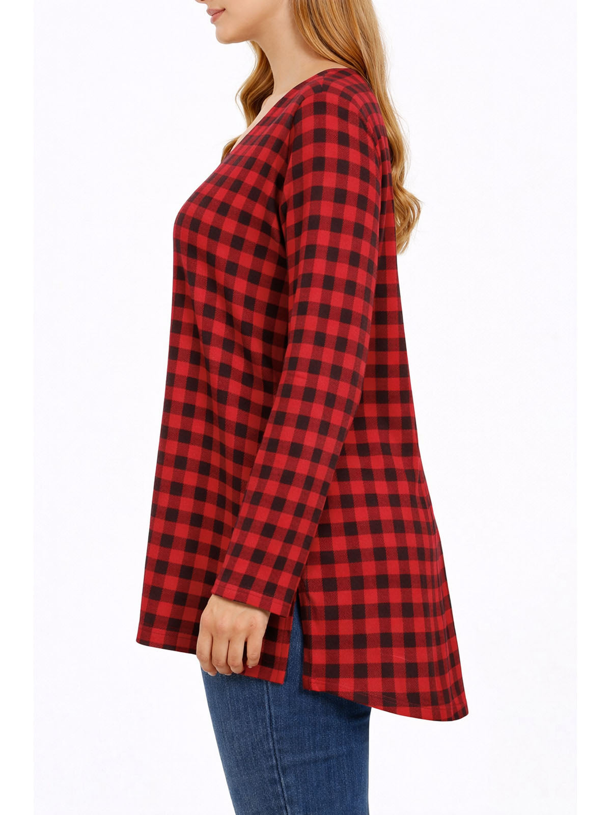 Red Supima Cotton Check Print Long Sleeve Tunic